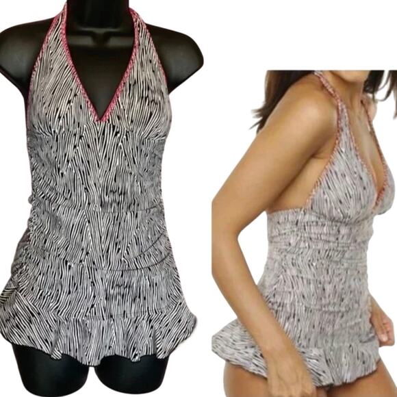 Pin up Style Swim Suit Zebra Print Pink Stitching Hater One Piece Tankini Dress - Picture 3 of 9